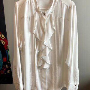 White chiffon front ruffle long sleeve Calvin Klein button up shirt 1X